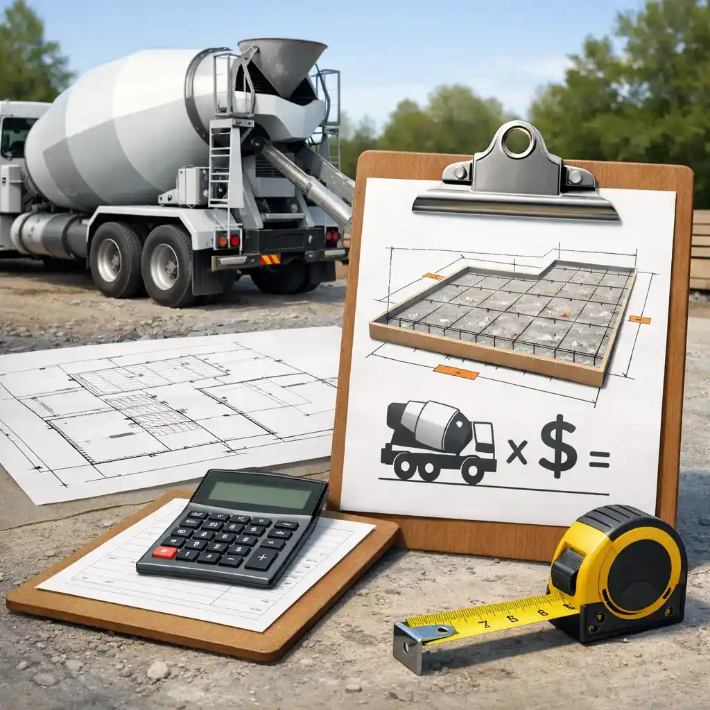 Illustration of a ready-mix concrete truck, slab plan, and yard-based price estimate