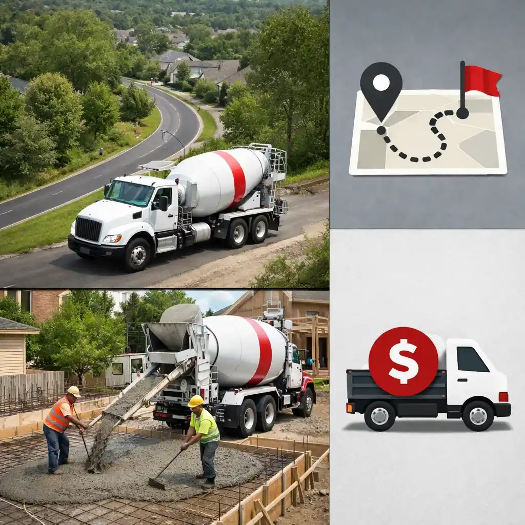 Ready-mix truck delivery scene showing route, pour site, and delivery charge concept