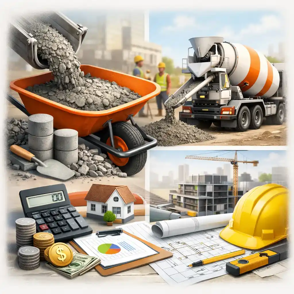 Final collage illustration showing ready-mix concrete, pricing, delivery, and project planning concepts
