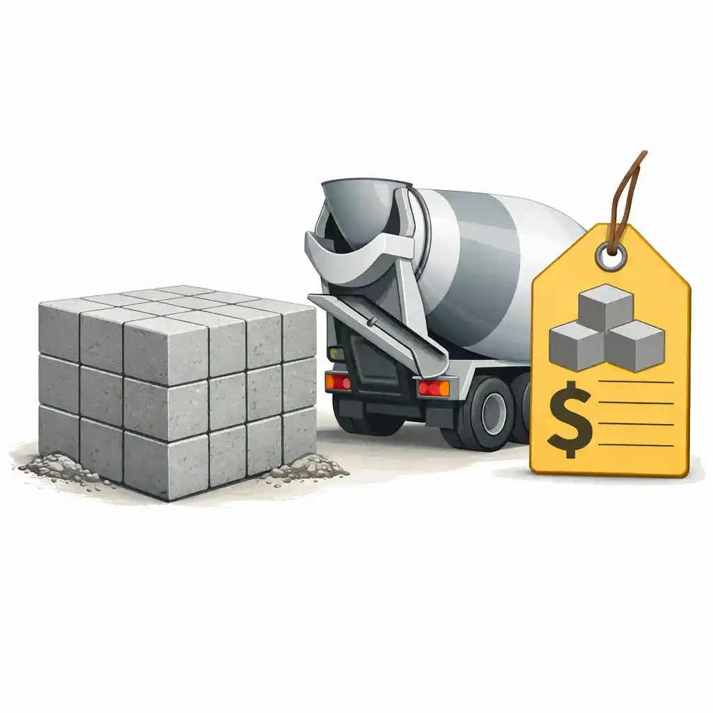 Educational illustration showing one cubic yard of concrete beside a ready-mix truck and a price concept