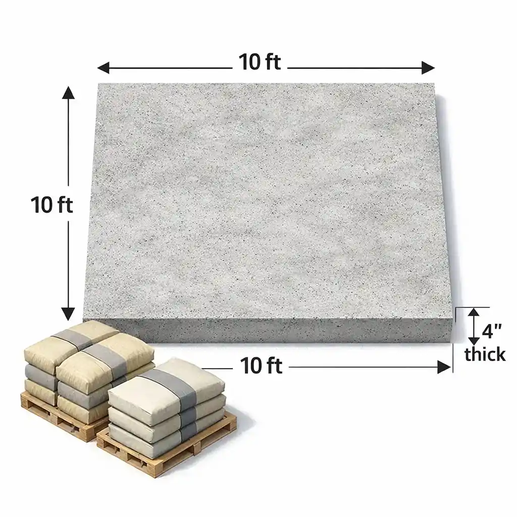 Top-down 10x10 slab illustration with a 4-inch thickness and nearby concrete bags