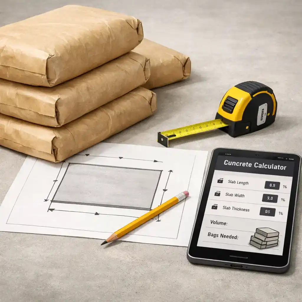 Illustration of concrete bags beside a slab plan and calculator