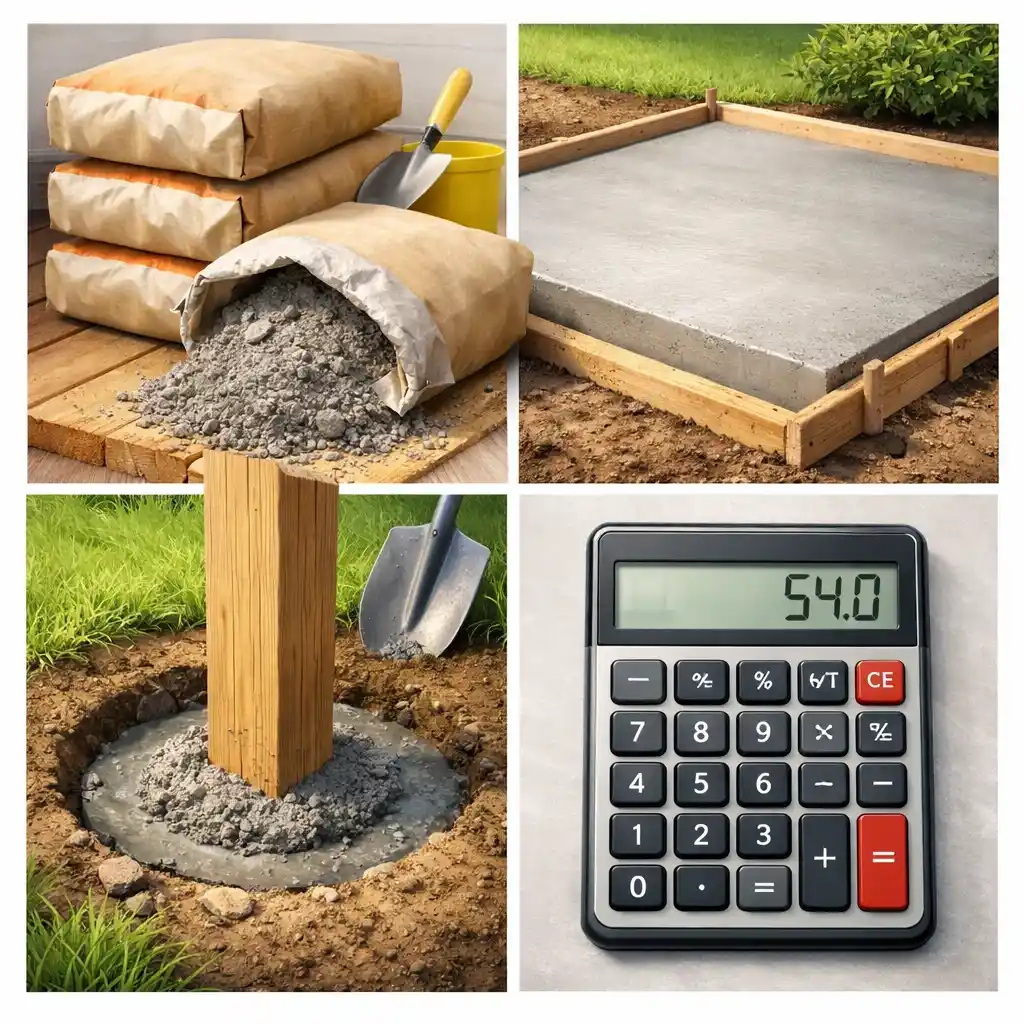 Collage illustration showing concrete bags, a slab, a post hole, and a calculator