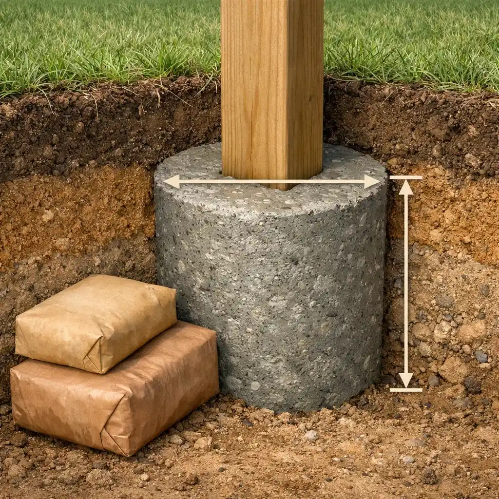Cutaway diagram of a fence post hole with depth, diameter, and nearby concrete bags