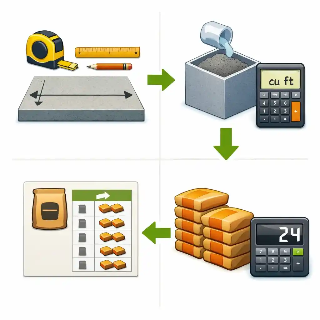 Step-by-step infographic for calculating concrete bag quantity from volume and bag yield