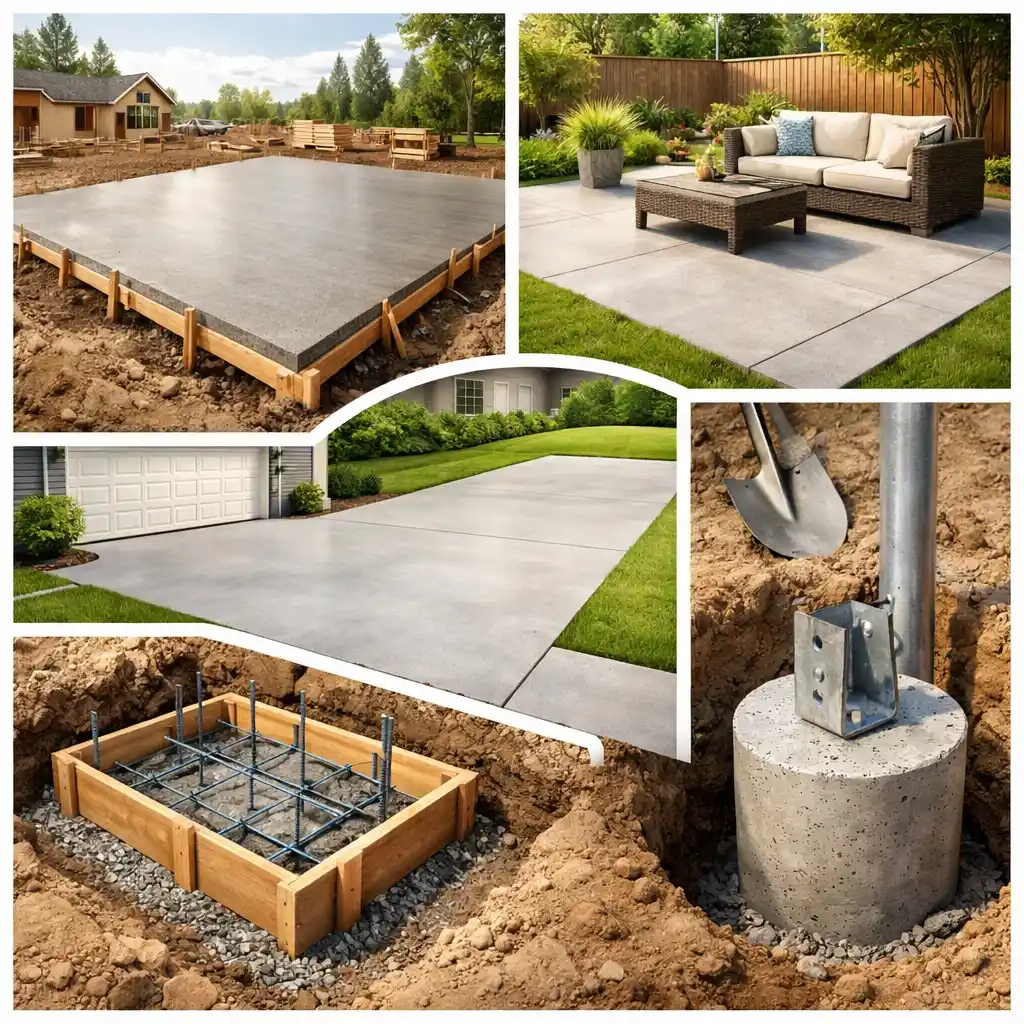 Collage illustration showing slab, patio, driveway, footing, and post hole concrete projects