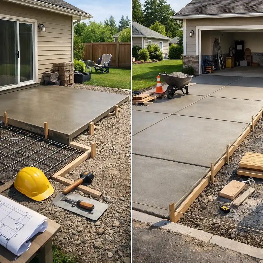 Side-by-side illustration comparing a concrete patio and driveway project